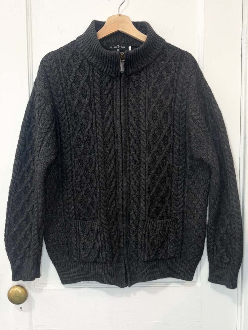 The Irish Store Men's Aran Cable-Knit Zip 100% Wool Charcoal Cardigan Sweater, L